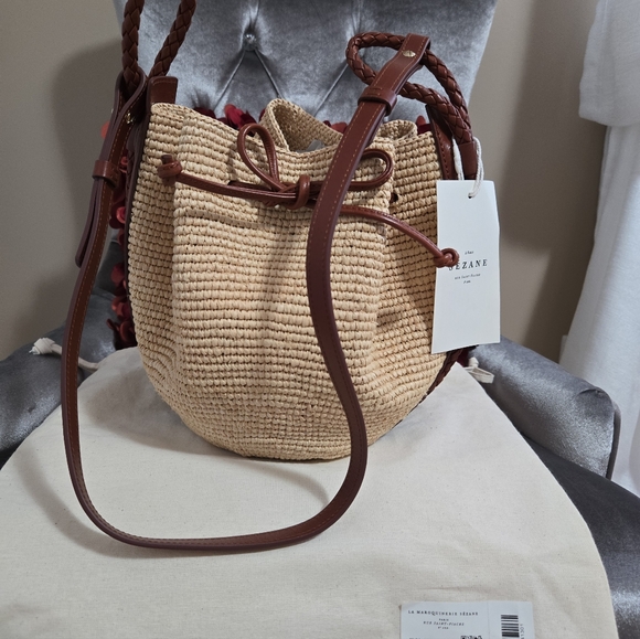 SEZANE  Woven Crochet Raffia & Leather Drawstring Crossbody Zelie Bucket Bag - Picture 5 of 11